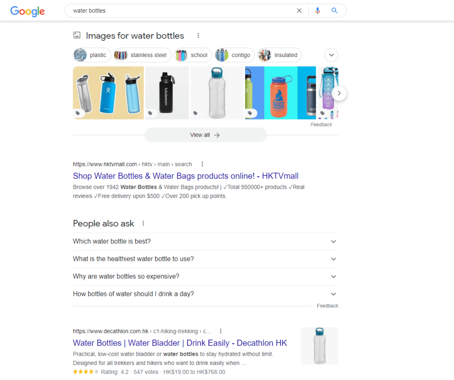 serp result for water bottles